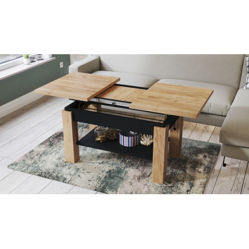 Table basse extensible avec étagère ADONIS 110/150x68 cm chêne craft/noir