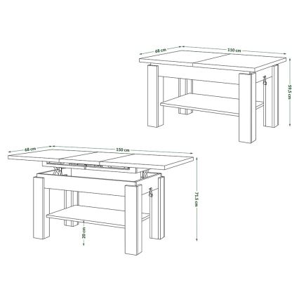 Table basse extensible avec étagère ADONIS 110/150x68 cm chêne craft/noir