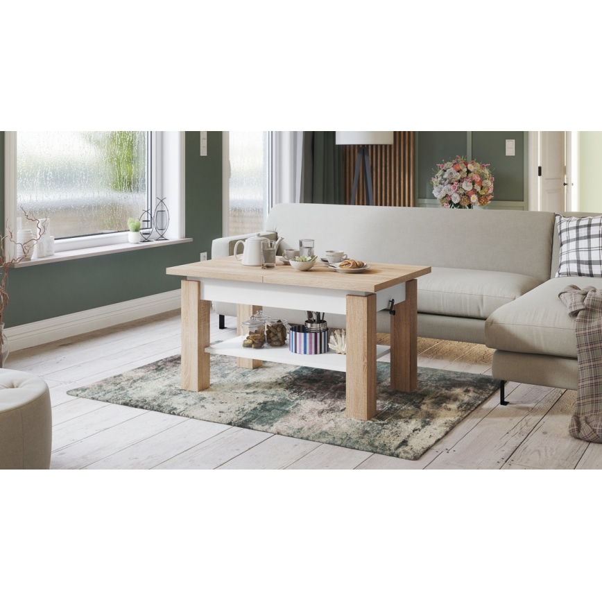 Table basse extensible avec étagère ADONIS 110/150x68 cm chêne sonoma/blanc