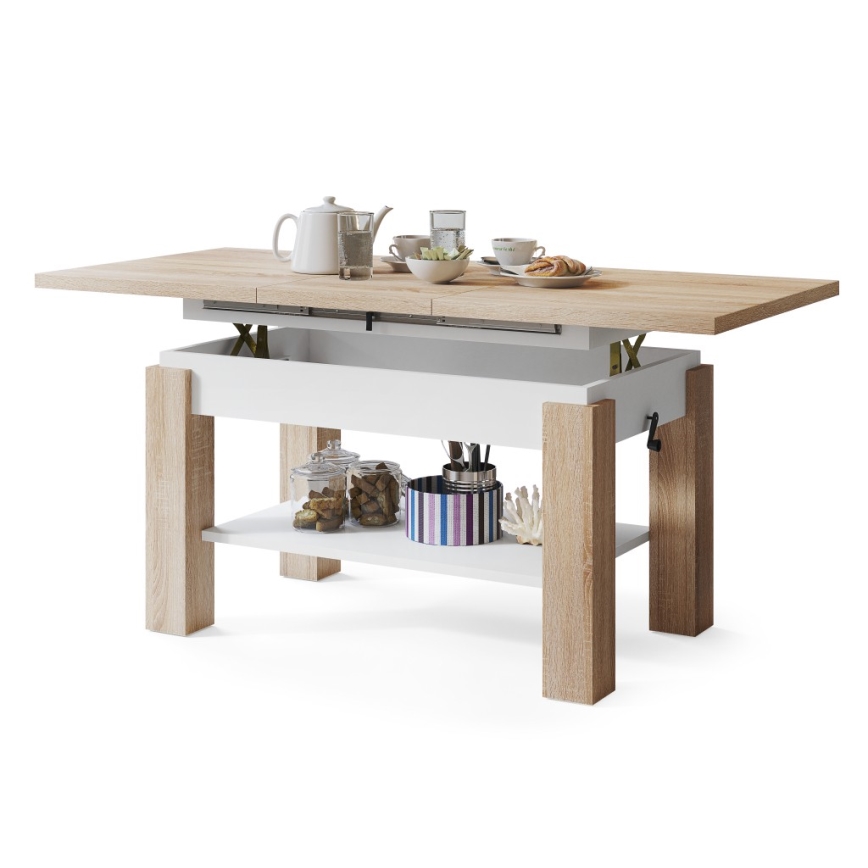 Table basse extensible avec étagère ADONIS 110/150x68 cm chêne sonoma/blanc