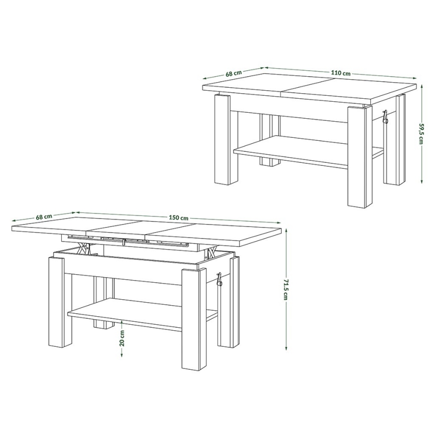 Table basse extensible avec étagère ADONIS 110/150x68 cm chêne sonoma/blanc