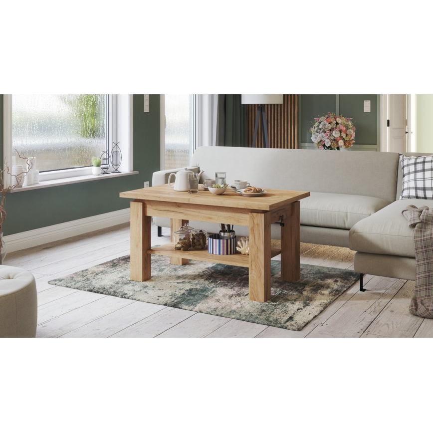 Table basse extensible avec étagère ADONIS 110/150x68 cm, finition chêne craft