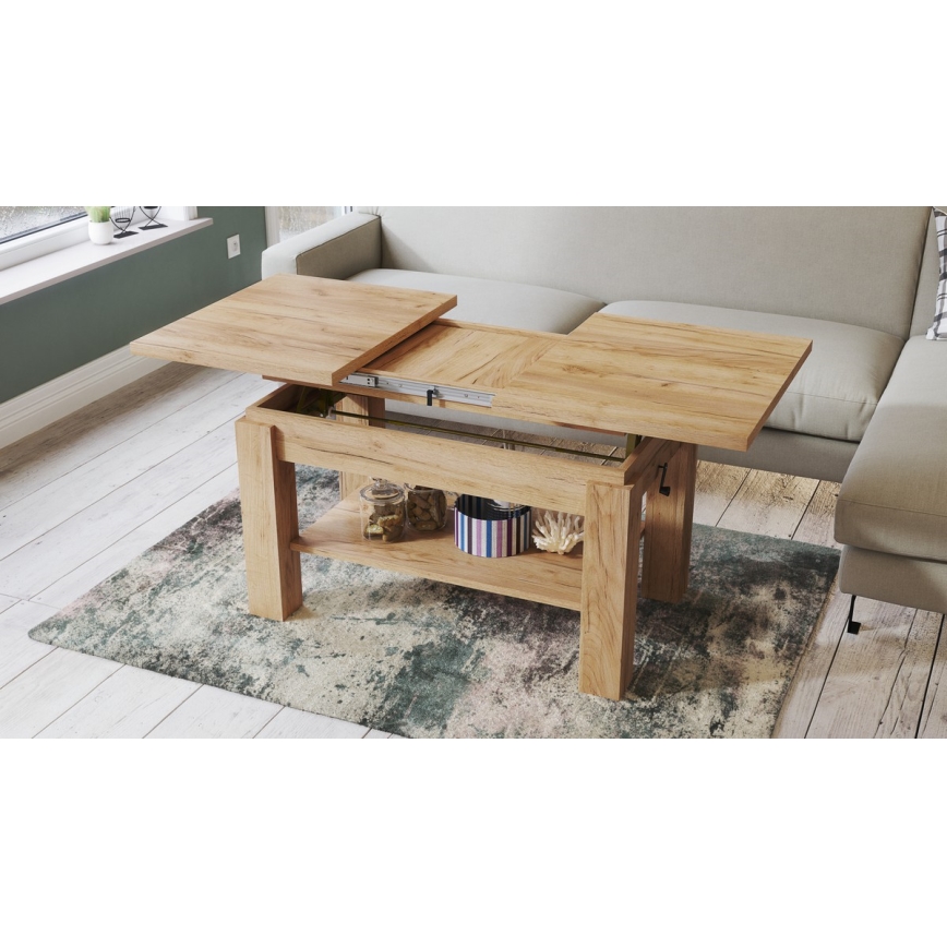 Table basse extensible avec étagère ADONIS 110/150x68 cm, finition chêne craft