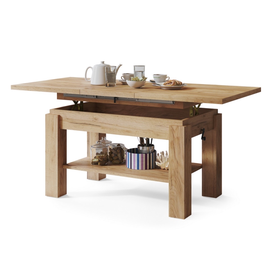 Table basse extensible avec étagère ADONIS 110/150x68 cm, finition chêne craft