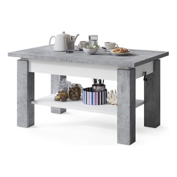 Table basse extensible avec étagère ADONIS 110/150x68 cm gris béton/blanc