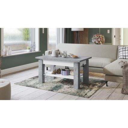 Table basse extensible avec étagère ADONIS 110/150x68 cm gris béton/blanc
