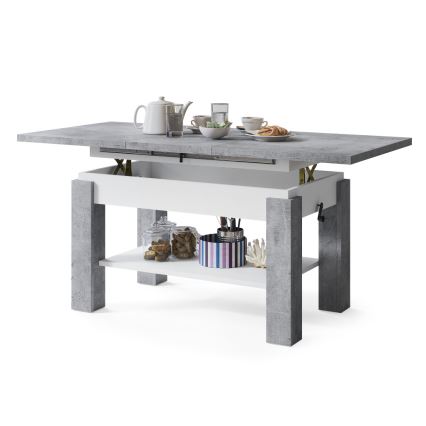 Table basse extensible avec étagère ADONIS 110/150x68 cm gris béton/blanc