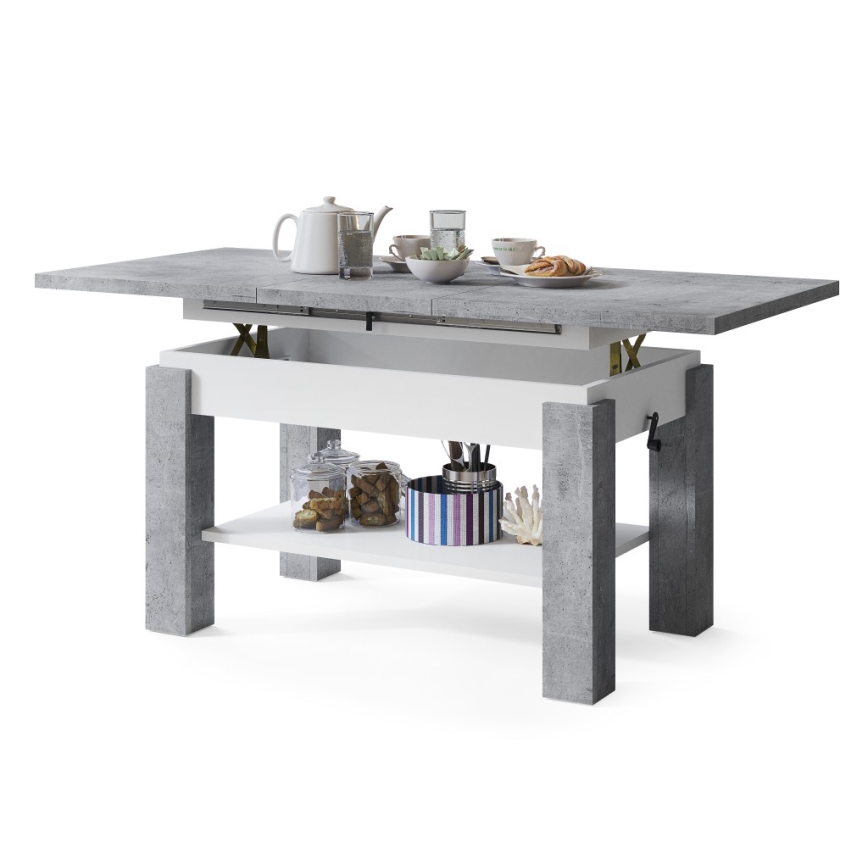Table basse extensible avec étagère ADONIS 110/150x68 cm gris béton/blanc