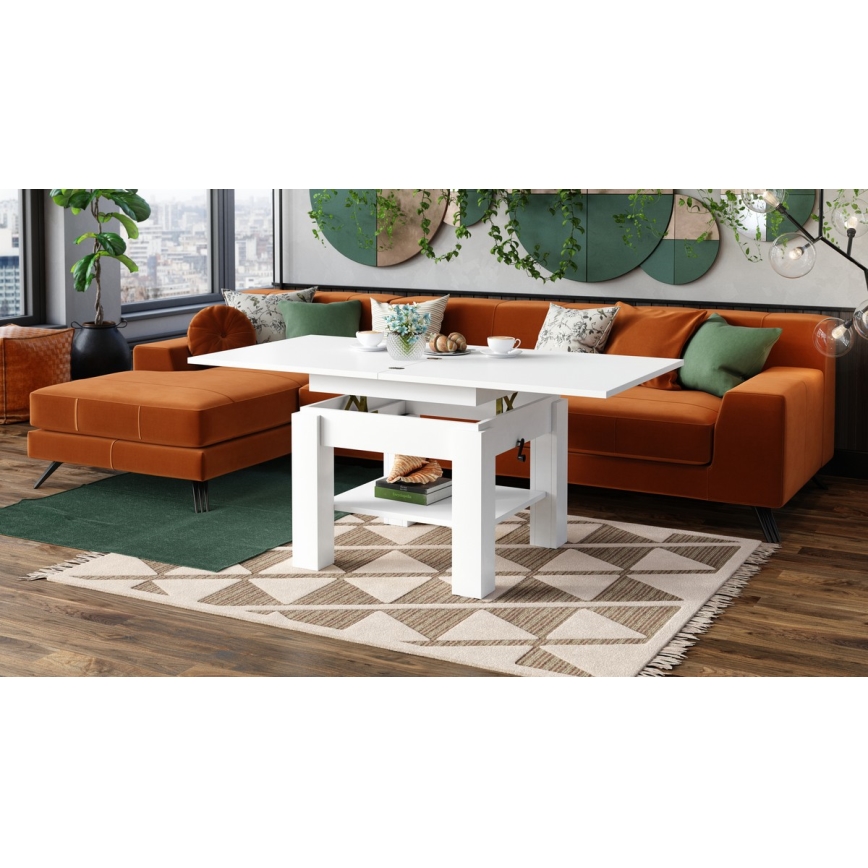 Table basse extensible avec plateau relevable CALEB 75/150 x 75 cm blanche