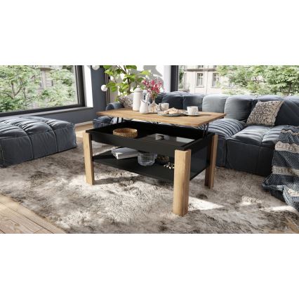 Table basse extensible avec plateau relevable et étagère ADEN chêne craft/noir