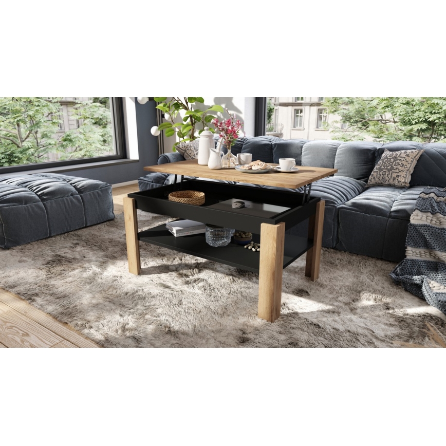 Table basse extensible avec plateau relevable et étagère ADEN chêne craft/noir
