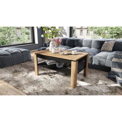 Table basse extensible avec plateau relevable et étagère ADEN chêne craft/noir