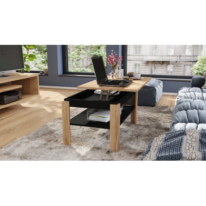 Table basse extensible avec plateau relevable et étagère ADEN chêne craft/noir