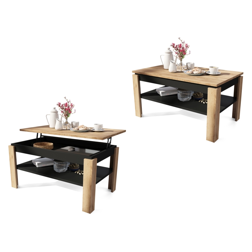 Table basse extensible avec plateau relevable et étagère ADEN chêne craft/noir