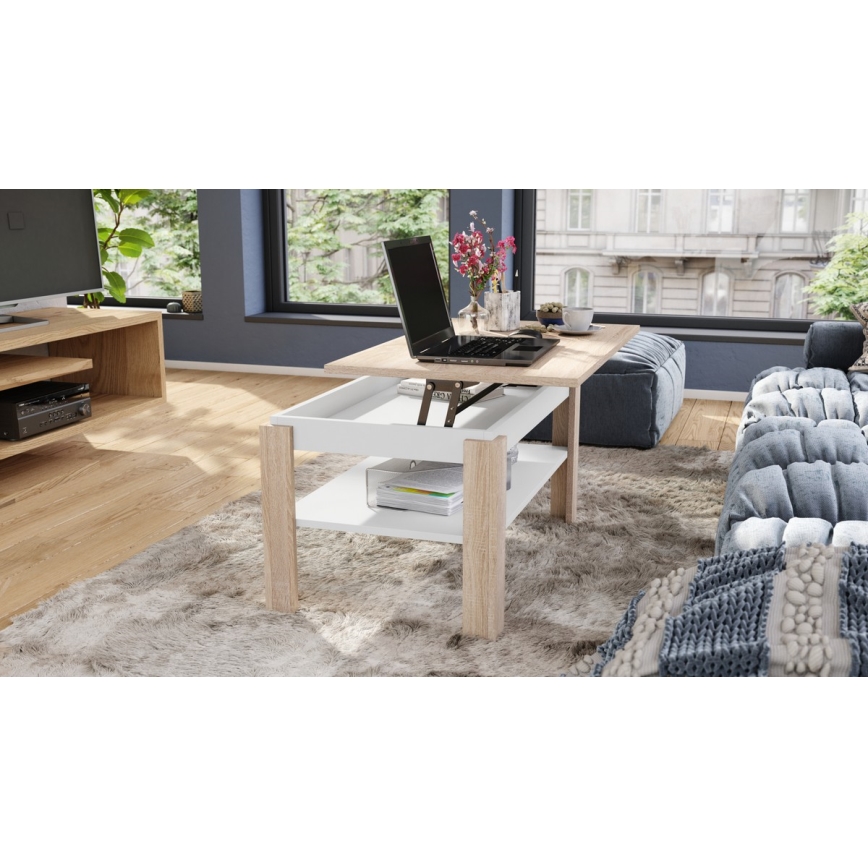 Table basse extensible avec plateau relevable et étagère ADEN chêne sonoma/blanc