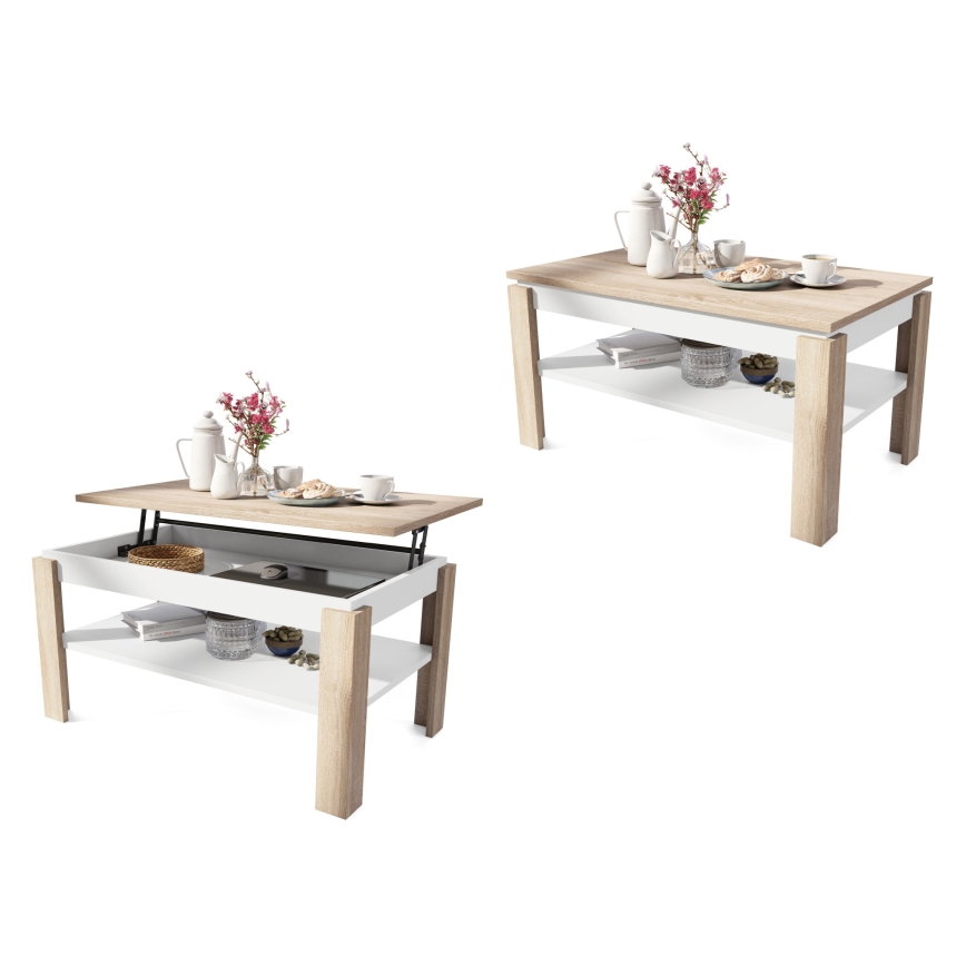 Table basse extensible avec plateau relevable et étagère ADEN chêne sonoma/blanc