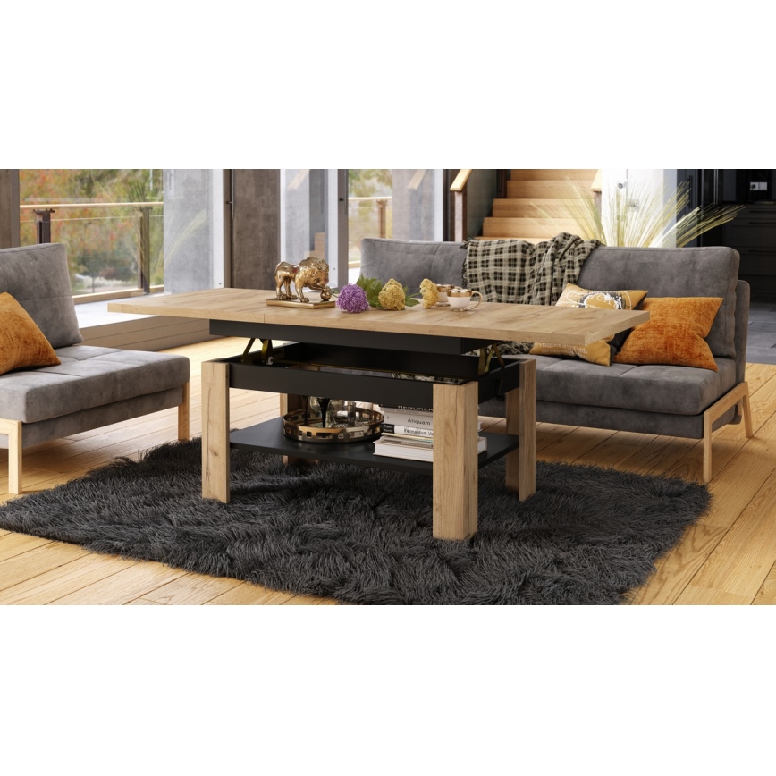 Table basse extensible avec plateau relevable ROY 130/170x65 cm chêne craft/noir