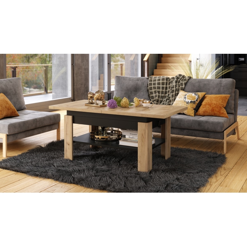 Table basse extensible avec plateau relevable ROY 130/170x65 cm chêne craft/noir
