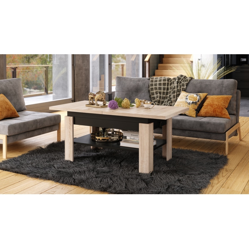 Table basse extensible avec plateau relevable ROY 130/170x65 cm chêne sonoma/noir