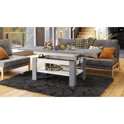 Table basse extensible avec plateau relevable ROY 130/170x65 cm gris béton/blanc