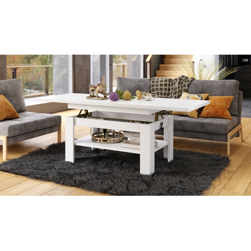 Table basse extensible ROY 130/170x65 cm, blanche, avec plateau relevable