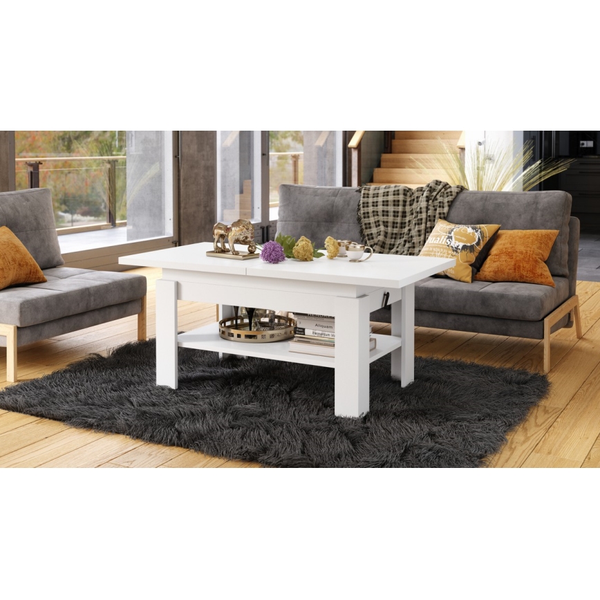 Table basse extensible ROY 130/170x65 cm, blanche, avec plateau relevable