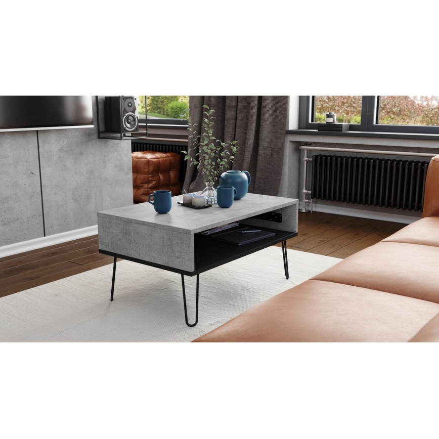 Table basse HALIJA avec plateau relevable et tablette gris béton/noir
