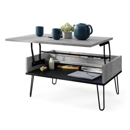 Table basse HALIJA avec plateau relevable et tablette gris béton/noir