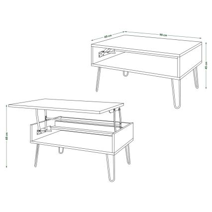 Table basse HALIJA avec plateau relevable et tablette gris béton/noir