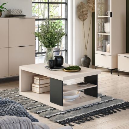 Table basse LORA avec étagère et espace de rangement, beige/noir