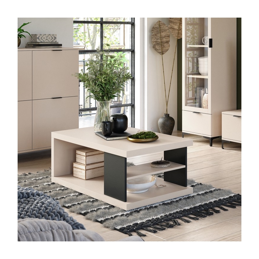 Table basse LORA avec étagère et espace de rangement, beige/noir