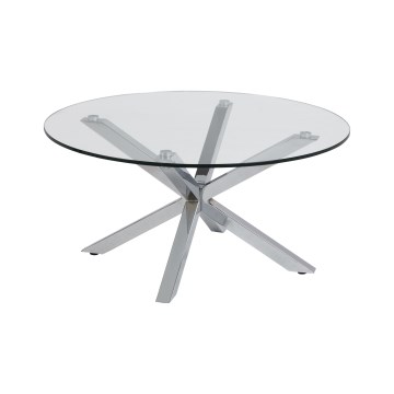 Table basse LUCA 82 cm, plateau en verre transparent et structure argentée
