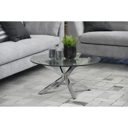 Table basse LUCA 82 cm, plateau en verre transparent et structure argentée