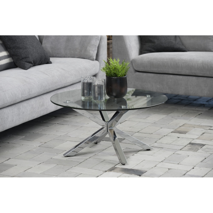 Table basse LUCA 82 cm, plateau en verre transparent et structure argentée