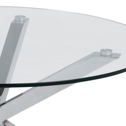 Table basse LUCA 82 cm, plateau en verre transparent et structure argentée