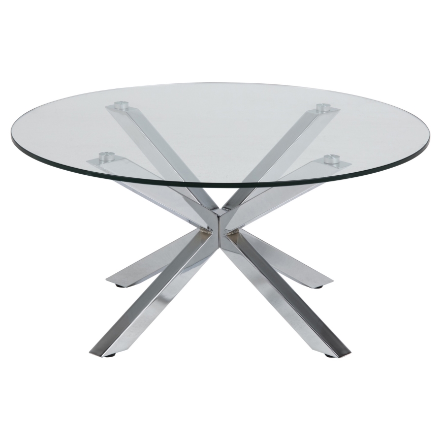Table basse LUCA 82 cm, plateau en verre transparent et structure argentée