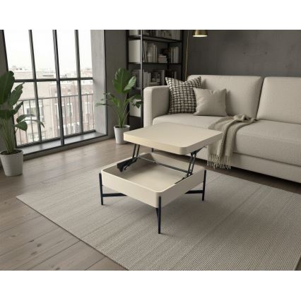 Table basse OASIS 75x75 cm, avec plateau relevable et étagère intégrée, crème/noir