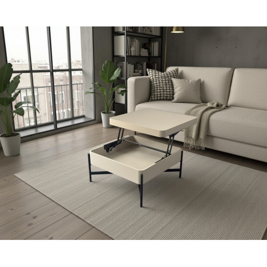 Table basse OASIS 75x75 cm, avec plateau relevable et étagère intégrée, crème/noir