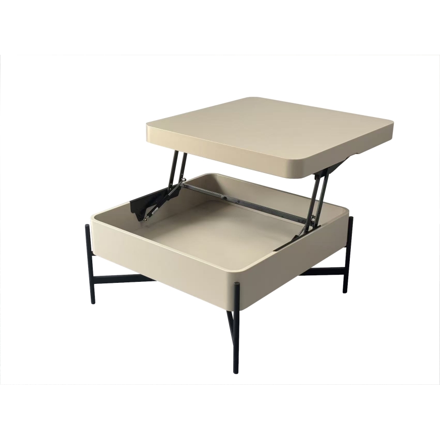 Table basse OASIS 75x75 cm, avec plateau relevable et étagère intégrée, crème/noir