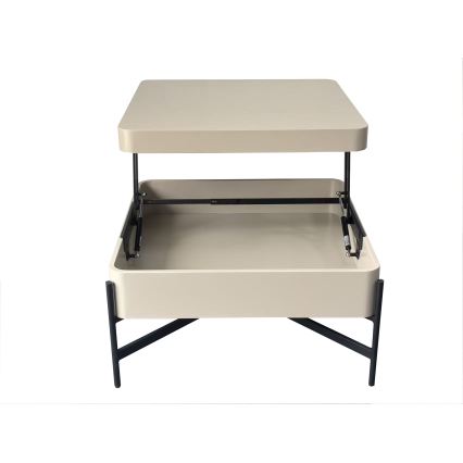 Table basse OASIS 75x75 cm, avec plateau relevable et étagère intégrée, crème/noir