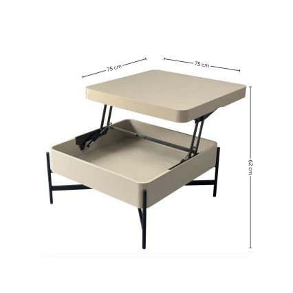 Table basse OASIS 75x75 cm, avec plateau relevable et étagère intégrée, crème/noir