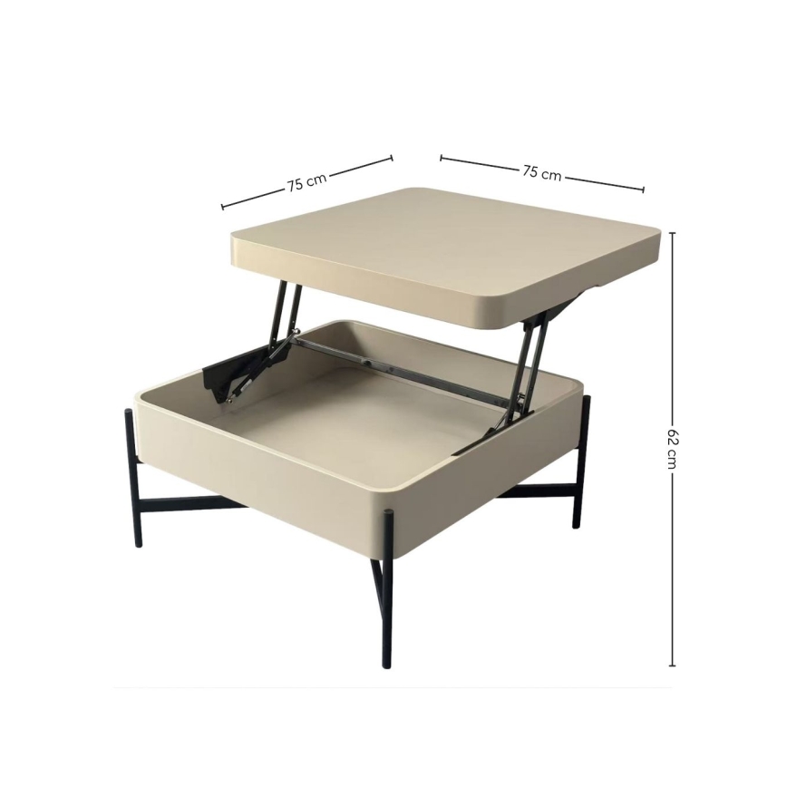 Table basse OASIS 75x75 cm, avec plateau relevable et étagère intégrée, crème/noir