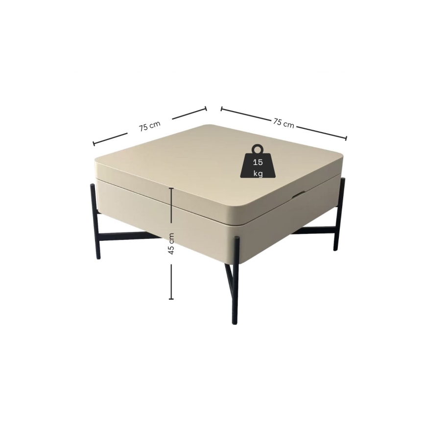 Table basse OASIS 75x75 cm, avec plateau relevable et étagère intégrée, crème/noir