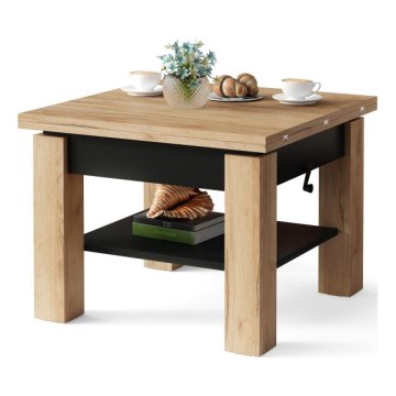Table basse pliable avec couvercle relevable avec étagère CALEB chêne/noir