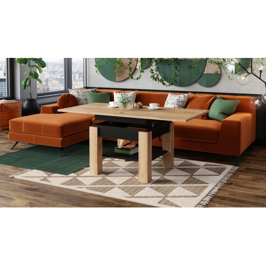 Table basse pliable avec couvercle relevable avec étagère CALEB chêne/noir