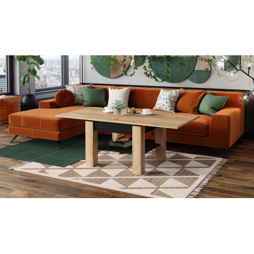 Table basse pliable avec couvercle relevable avec étagère CALEB chêne/noir