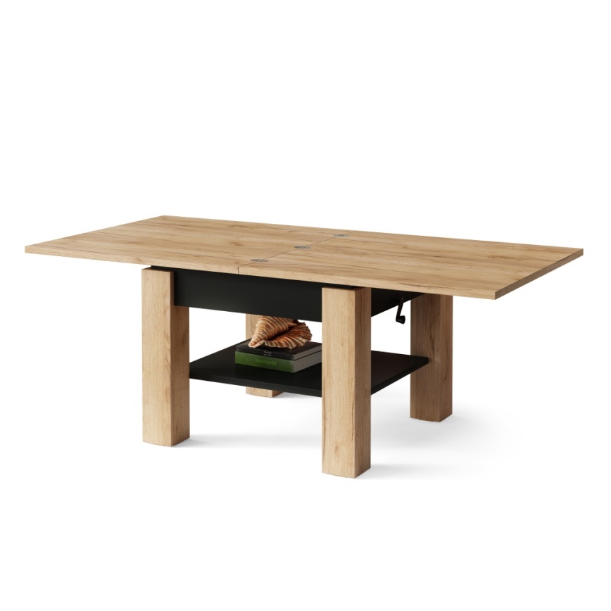 Table basse pliable avec couvercle relevable avec étagère CALEB chêne/noir
