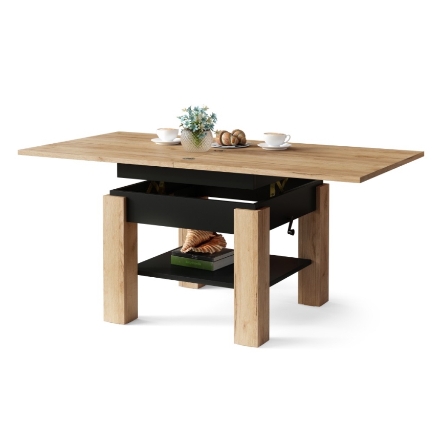 Table basse pliable avec couvercle relevable avec étagère CALEB chêne/noir