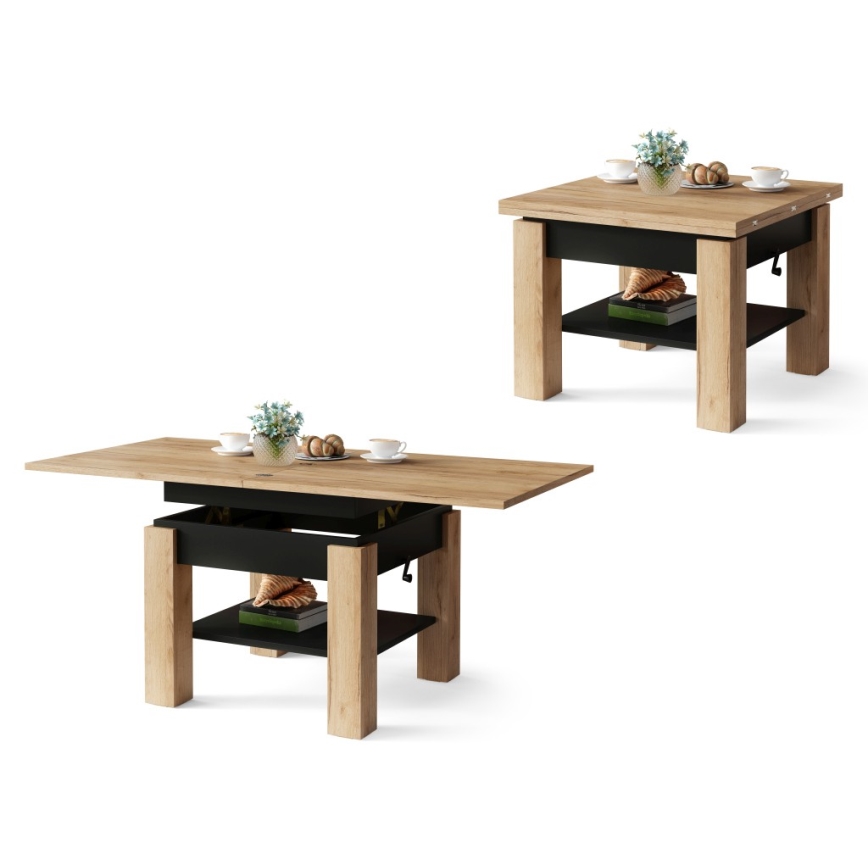 Table basse pliable avec couvercle relevable avec étagère CALEB chêne/noir