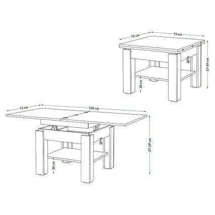 Table basse pliable avec couvercle relevable avec étagère CALEB chêne/noir